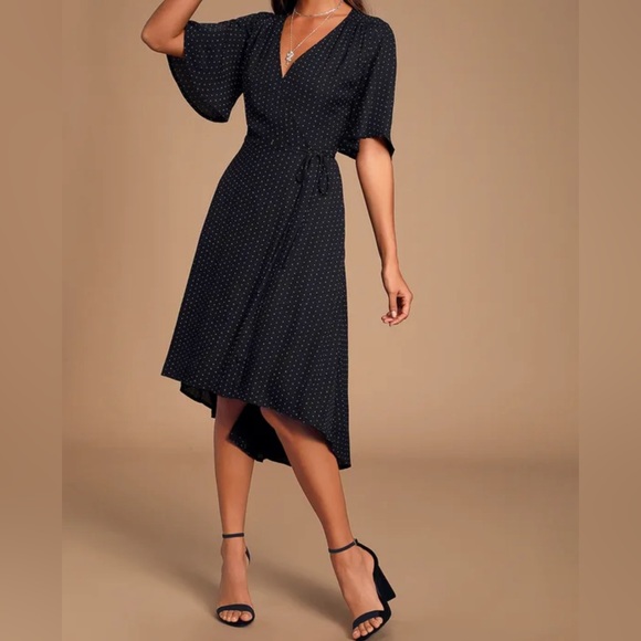 Lulus: Farah Black Print Midi Wrap Dress - Picture 3 of 8
